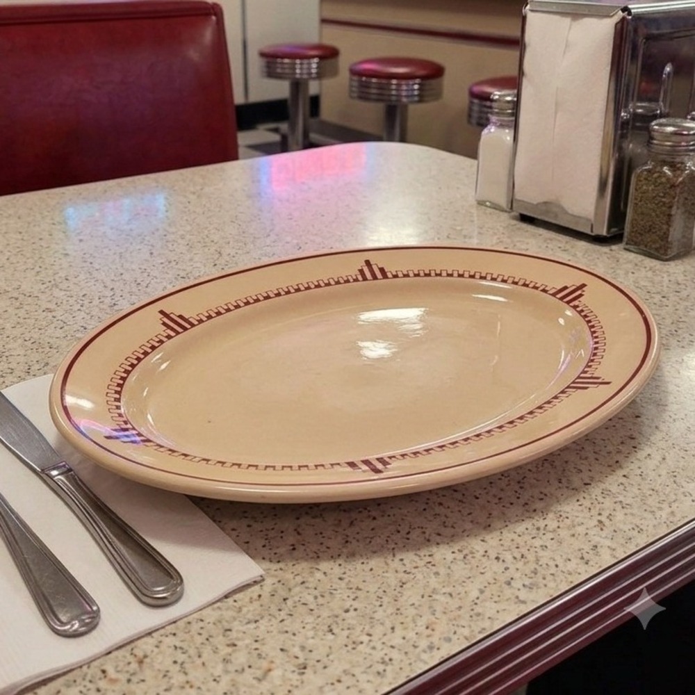 Vintage Jackson China Jac-Tan Oval Platter Art Deco Red Geometric Diner Ware 11"
